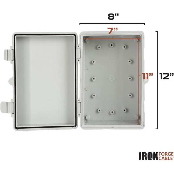 IRON FORGE CABLE Waterproof Junction Box
  - Outdoor Electrical Enclosure - Plastic Project Boxes with Mounting Plate,
  Wall Brackets, Weatherproof Hinged Grey Panel Cover - IP65-12x8 Inch - Image 2