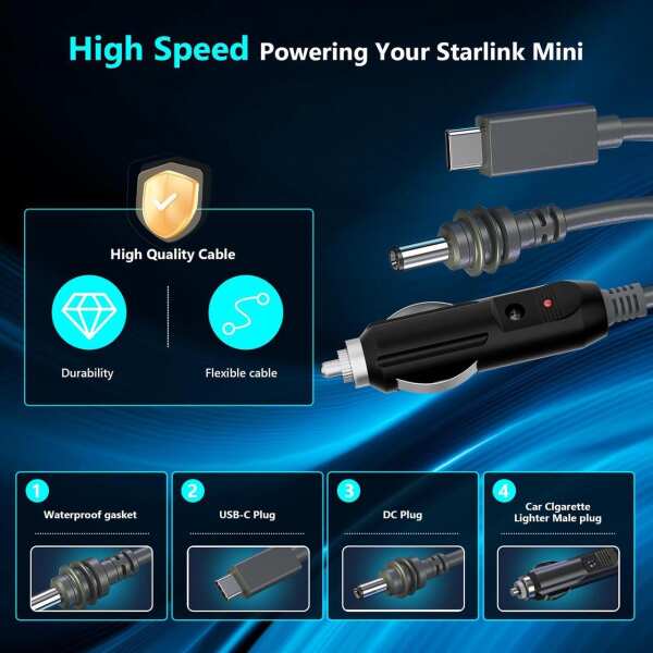 FormiPow Starlink Mini Cable, 3-in-1 Multi-Purpose Power Cable for Starlink Mini (USB C to DC, DC to DC, Car Charger), Waterproof & Multiple Lengths Available (9.8FT, 16.4FT, 32.8FT) - Image 2