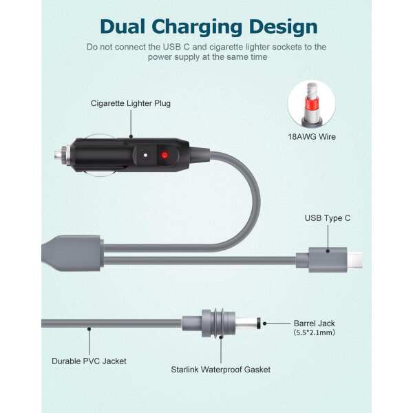 Starlink Mini Power Cable Cigarette Lighter, Starlink Mini USB C to DC Power Cable 2 in 1+Starlink Mini Power Cable Cigarette Lighter 10FT/3M - Image 3