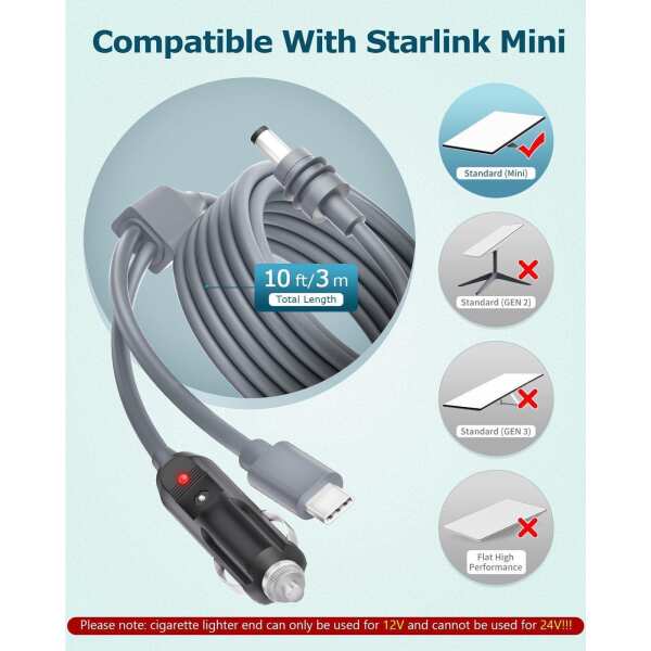 Starlink Mini Power Cable Cigarette Lighter, Starlink Mini USB C to DC Power Cable 2 in 1+Starlink Mini Power Cable Cigarette Lighter 10FT/3M - Image 2