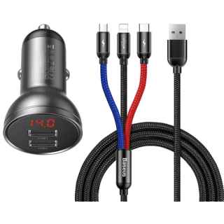 Baseus 3 in 1 Car Charger Suit - Digital Display Dual USB, Cable USB 1.2M - Kenya
