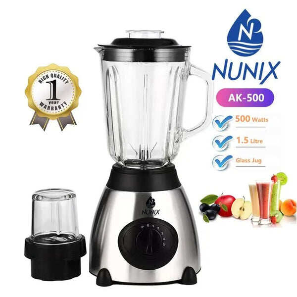 Nunix AK-500 Powerful 2 In 1 Blender - With Glass Jar ,1.5L, Overheat Protection, Grinder, 500W - Kenya