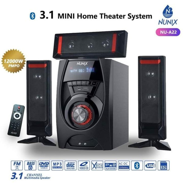Nunix A22 home theater system - 3.1 Channel Surround sound, Bluetooth,Powerful bass via a specially tuned sound matrix, Powerful stand up speakers - Kenya %count(title) +254720548999 Nunix A22 home theater system - 3.1 Channel Surround sound, Bluetooth,Powerful bass via a specially tuned sound matrix, Powerful stand up speakers - Kenya