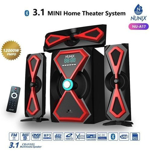 Nunix A17 3.1 CH Home Theatre Speaker System - 12000W PMPO, Bluetooth, USB/SD/FM - Kenya %count(title) +254720548999 Nunix A17 3.1 CH Home Theatre Speaker System - 12000W PMPO, Bluetooth, USB/SD/FM - Kenya