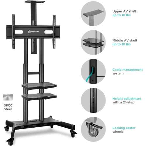 ONKRON Mobile TV Stand with Wheels Rolling TV Stand for 50-83 Inch LED LCD Flat or Curved Screen TVs up to 200 lbs - Height Adjustable TV Cart with Shelves - max VESA 800x500 mm (TS1881) Black - Image 4