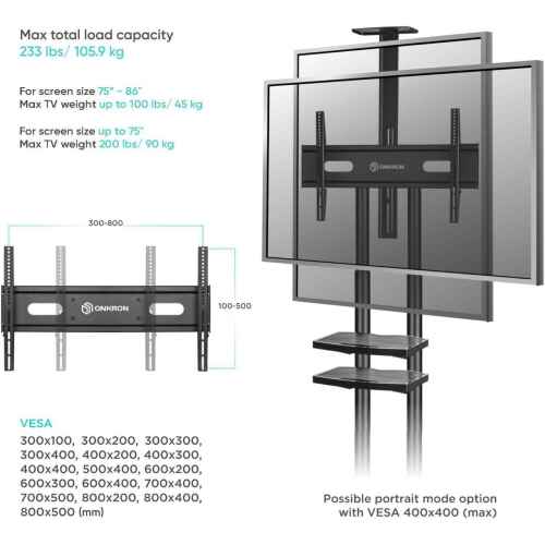 ONKRON Mobile TV Stand with Wheels Rolling TV Stand for 50-83 Inch LED LCD Flat or Curved Screen TVs up to 200 lbs - Height Adjustable TV Cart with Shelves - max VESA 800x500 mm (TS1881) Black - Image 5