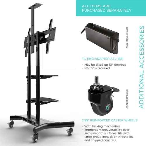 ONKRON Mobile TV Stand with Wheels Rolling TV Stand for 50-83 Inch LED LCD Flat or Curved Screen TVs up to 200 lbs - Height Adjustable TV Cart with Shelves - max VESA 800x500 mm (TS1881) Black - Image 6