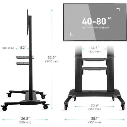 ONKRON Mobile TV Stand with Wheels Rolling TV Stand for 40-80 Inch LED LCD Flat or Curved Screen TVs up to 122 lbs - Height Adjustable TV Cart with Shelves - Portable TV Stand (TS2771) Black - Image 2