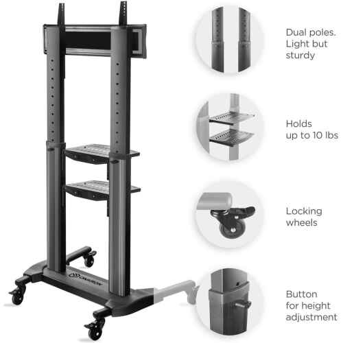 ONKRON Mobile TV Stand with Wheels Rolling TV Stand for 40-80 Inch LED LCD Flat or Curved Screen TVs up to 122 lbs - Height Adjustable TV Cart with Shelves - Portable TV Stand (TS2771) Black - Image 3