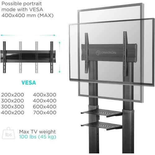 ONKRON Mobile TV Stand with Wheels Rolling TV Stand for 40-80 Inch LED LCD Flat or Curved Screen TVs up to 122 lbs - Height Adjustable TV Cart with Shelves - Portable TV Stand (TS2771) Black - Image 6