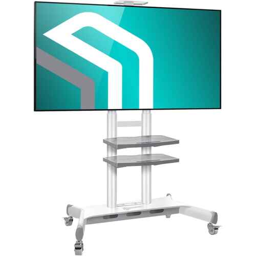 ONKRON Mobile TV Stand with Wheels Rolling TV Stand for 50-83 Inch LED LCD Flat or Curved Screen TVs up to 200 lbs - Height Adjustable TV Cart with Shelves - max VESA 800x500 mm (TS1881) White