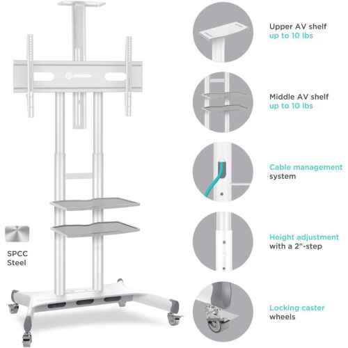 ONKRON Mobile TV Stand with Wheels Rolling TV Stand for 50-83 Inch LED LCD Flat or Curved Screen TVs up to 200 lbs - Height Adjustable TV Cart with Shelves - max VESA 800x500 mm (TS1881) White - Image 5