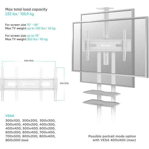 ONKRON Mobile TV Stand with Wheels Rolling TV Stand for 50-83 Inch LED LCD Flat or Curved Screen TVs up to 200 lbs - Height Adjustable TV Cart with Shelves - max VESA 800x500 mm (TS1881) White - Image 4