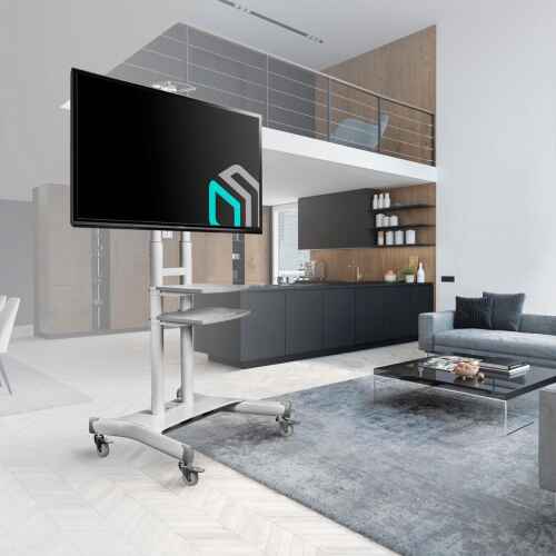 ONKRON Mobile TV Stand with Wheels Rolling TV Stand for 50-83 Inch LED LCD Flat or Curved Screen TVs up to 200 lbs - Height Adjustable TV Cart with Shelves - max VESA 800x500 mm (TS1881) White - Image 7