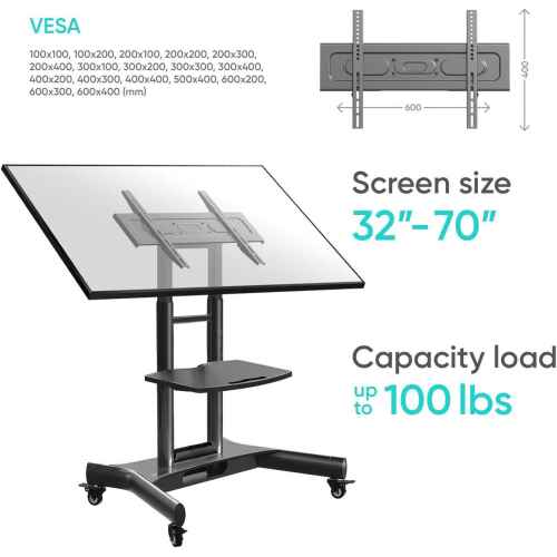 ONKRON Mobile TV Stand Rolling TV Cart with Tilt & 1 Shelf for 32" 70 inch LCD LED OLED Flat Panel Plasma Screens up to 100 lbs TS1350 Black - Image 7