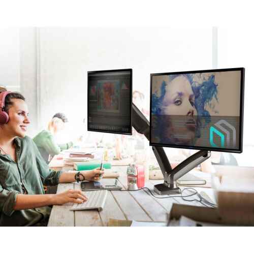 ONKRON Double Monitor Mount for Two 13-32 Inch Screens up to 17.6 lbs, Gas Spring Dual Monitor Arm Desk Mount VESA 75x75 / 100x100 - Dual Computer Monitor Mount for Desk Swivel Tilt Rotation Black - Image 2