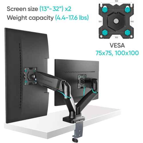 ONKRON Double Monitor Mount for Two 13-32 Inch Screens up to 17.6 lbs, Gas Spring Dual Monitor Arm Desk Mount VESA 75x75 / 100x100 - Dual Computer Monitor Mount for Desk Swivel Tilt Rotation Black - Image 4