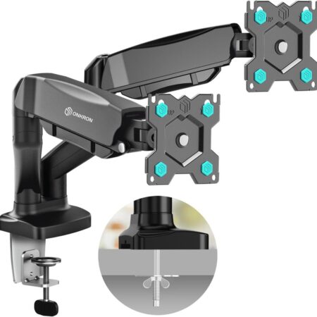 ONKRON Double Monitor Mount for Two 13-32 Inch Screens up to 17.6 lbs, Gas Spring Dual Monitor Arm Desk Mount VESA 75x75 / 100x100 - Dual Computer Monitor Mount for Desk Swivel Tilt Rotation Black