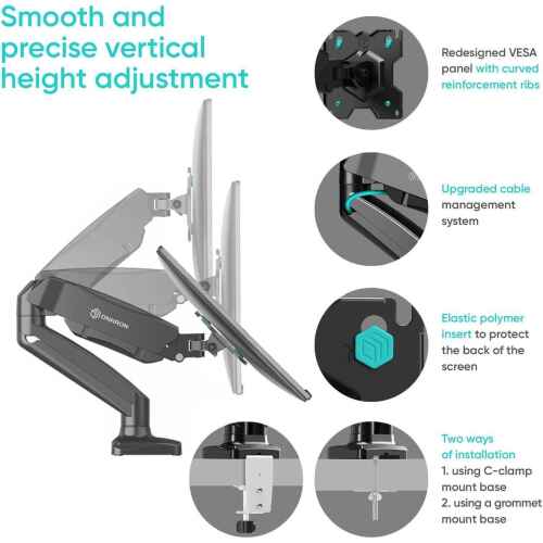 ONKRON Double Monitor Mount for Two 13-32 Inch Screens up to 17.6 lbs, Gas Spring Dual Monitor Arm Desk Mount VESA 75x75 / 100x100 - Dual Computer Monitor Mount for Desk Swivel Tilt Rotation Black - Image 5