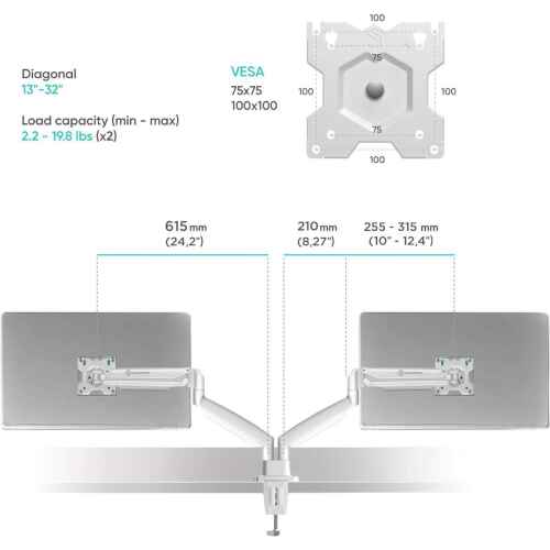 Dual Monitor Arm White for 13-32 inch Screens up to 19.8 lbs Each - Monitor Mounts for 2 Monitors - Dual Computer Monitor Stand for Desk VESA 75x75 100x100 Adjustable Gas Spring Desk Mount - Image 6