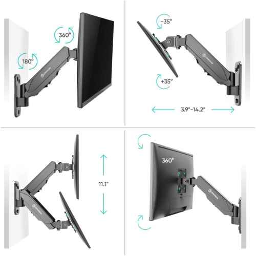 ONKRON Wall Mount Monitor Arm for 13-34 Inch Screen up to 17.6 lbs, Height Adjustable TV Mount with 75x75 / 100x100 VESA Monitor Wall Mount Swivel Tilt Rotation - Single Monitor Arm Gas Spring Black - Image 4