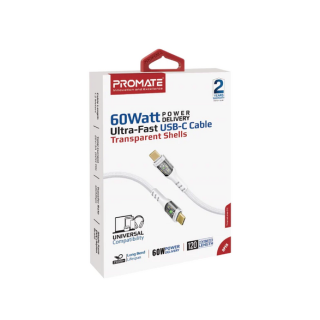 Promate 60W Ultra-Fast USB-C Transparent Shells Cable (TRANSLINE-CC) - 1.2M Length, 60W Power Delivery, LED Lights - Kenya