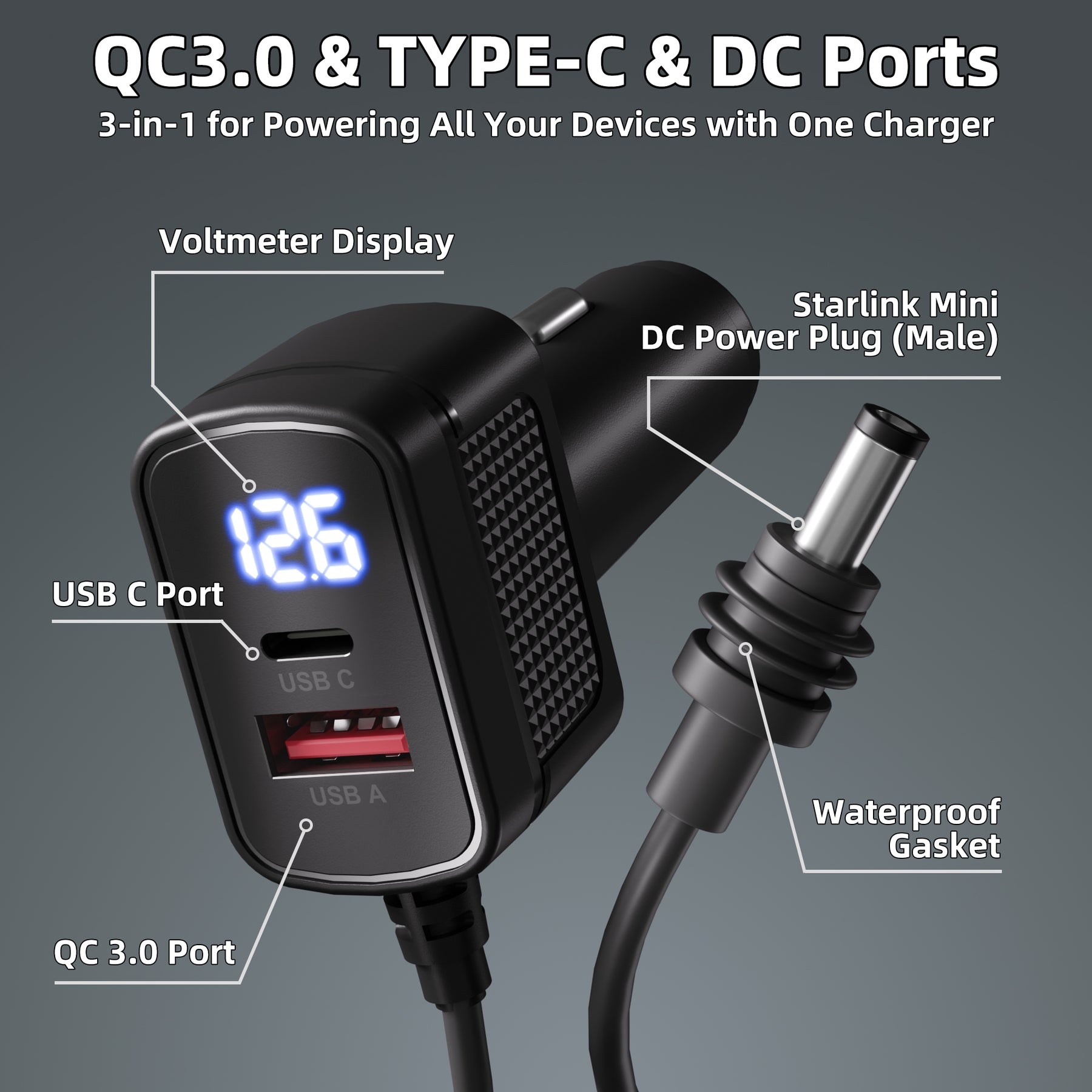 Starlink Mini USB-A/USB-C/DC Output Car Charger with Voltmeter - 9.84FT/3M - Image 2