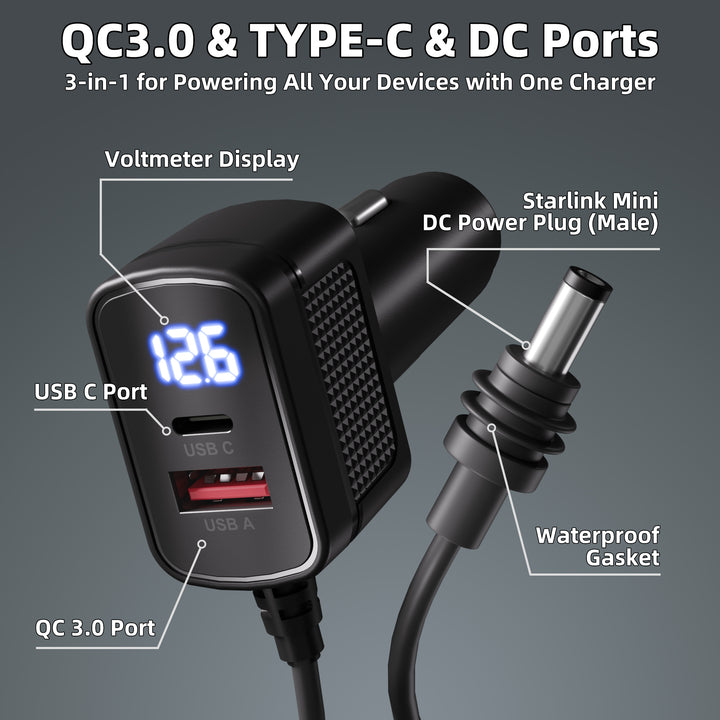 Starlink Mini USB-A/USB-C/DC Output Car Charger with Voltmeter - 9.84FT/3M - Image 5