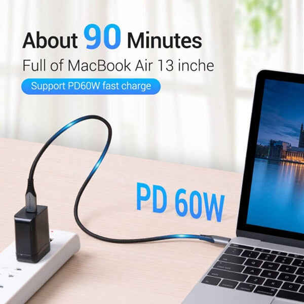 Vention TAAHF Cotton Braided USB-C to USB-C 3.1 Cable - 5Gbps Transmission Speed, 100W Super Fast Charging, 480Mbps Data Snyc, Durable and Flexible, Free Blind Insertion - Kenya - Image 3