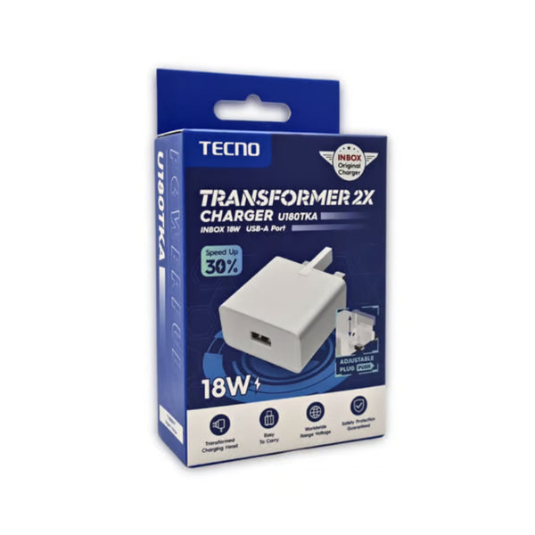 Tecno U180TKB+C11 2x Faster 18W Fast Charger with Type-C Cable - Kenya