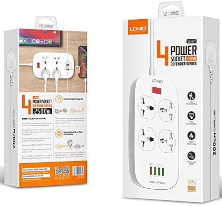Ldnio Smart 2500W Power Extension with 4 Power Sockets and 18W USB Ports -Defender Series Power Strip with QC USB Port Fast Charging - 2M Power Cord - SC4407 - Kenya