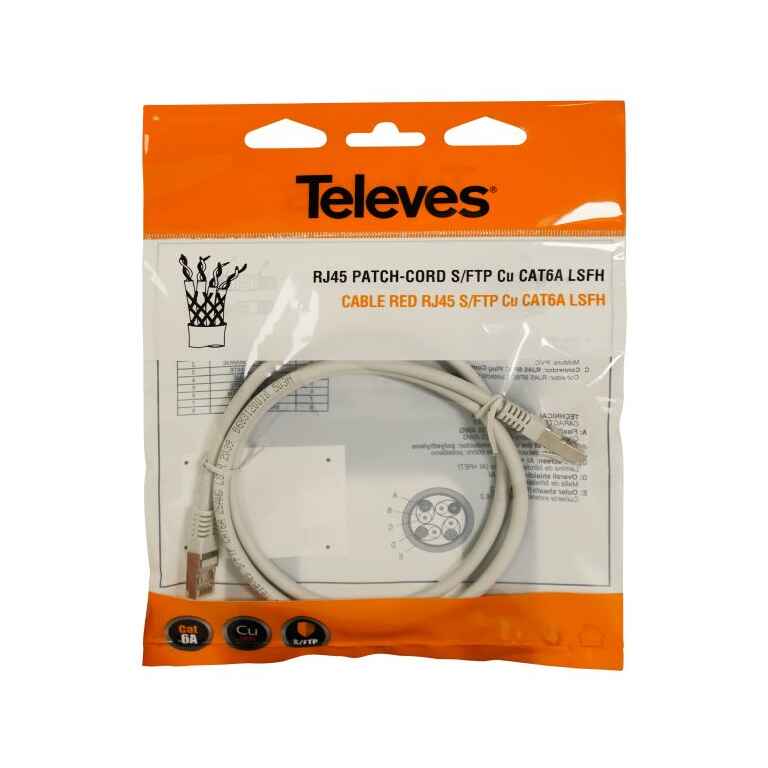 Network Cable RJ45 S/FTP Cat 6A Cu LSFH 1m Gray Televes