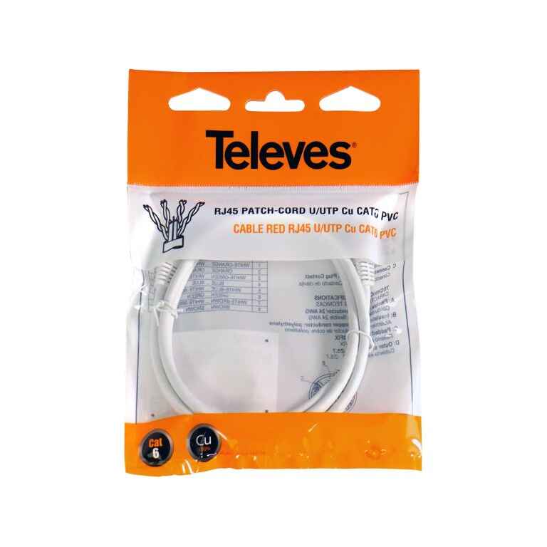 Network Cable RJ45 U/UTP Cat 6 Cu PVC 1m White Televes