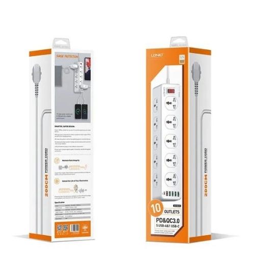 LDNIO Power Extension with 10-Outlet Surge protector power sockets, 6 USB Ports 30W PD+QC Fast charging adapter sockets 2-meter heavy-duty power Extension Cord - SC10610 - Kenya