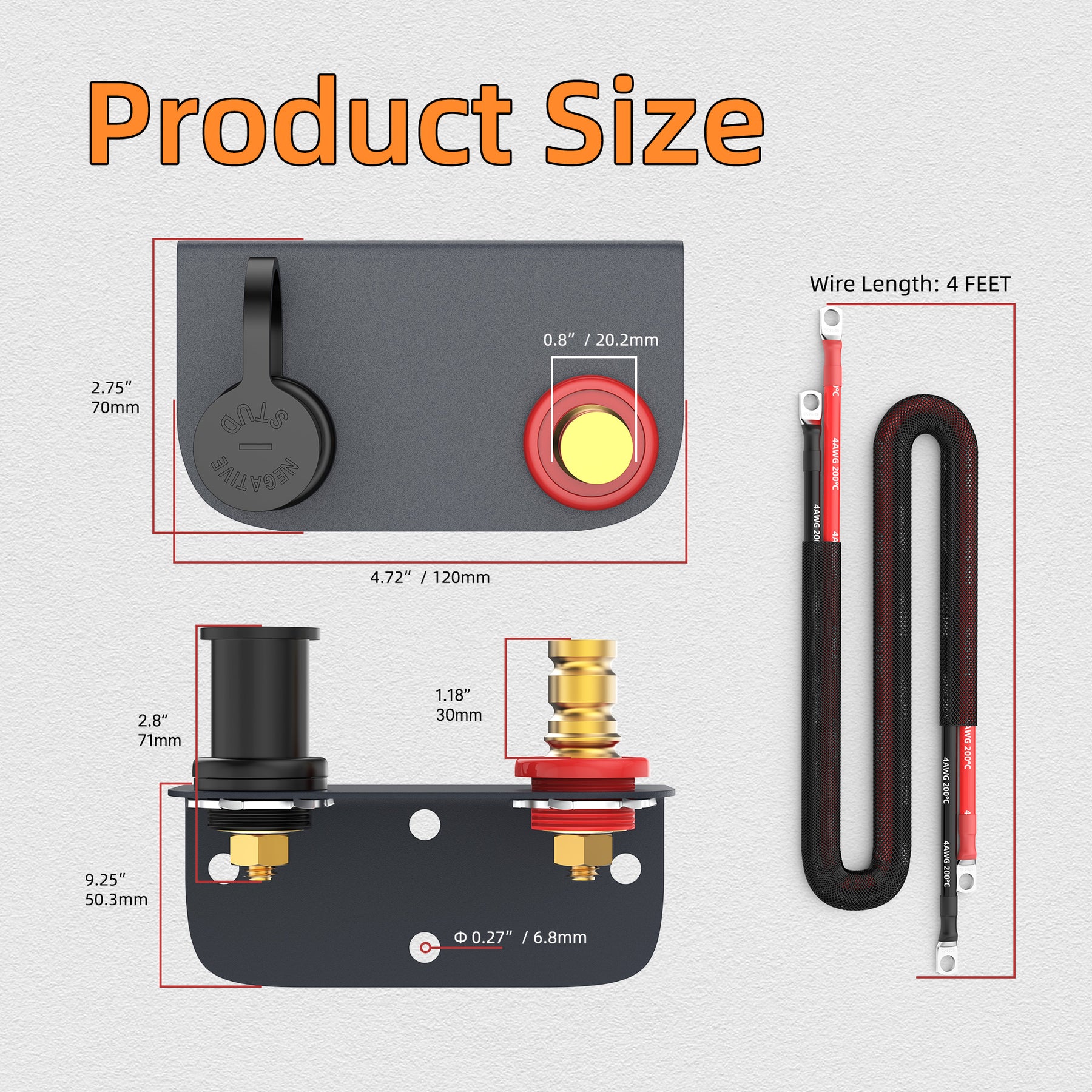 M10 3/8" Studs Battery Jump Post Kit
  with Cable and Mounting Bracket - Image 2