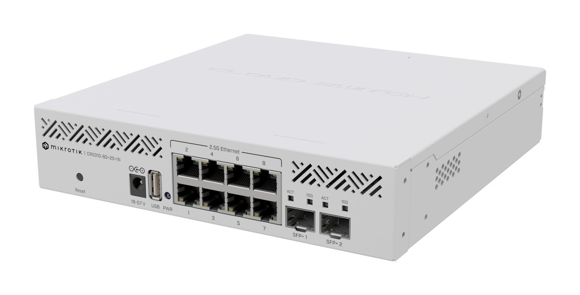 MikroTik Cloud Router Switch 310-8G+2S+IN with 800 Mhz CPU, 256 MB RAM, 8 x 2.5Gigabit Ethernet ports, 2 x SFP+ cages , RouterOS L5, desktop enclosure, rackmount ears, PSU %count(title) +254720548999 MikroTik Cloud Router Switch 310-8G+2S+IN with 800 Mhz CPU, 256 MB RAM, 8 x 2.5Gigabit Ethernet ports, 2 x SFP+ cages , RouterOS L5, desktop enclosure, rackmount ears, PSU