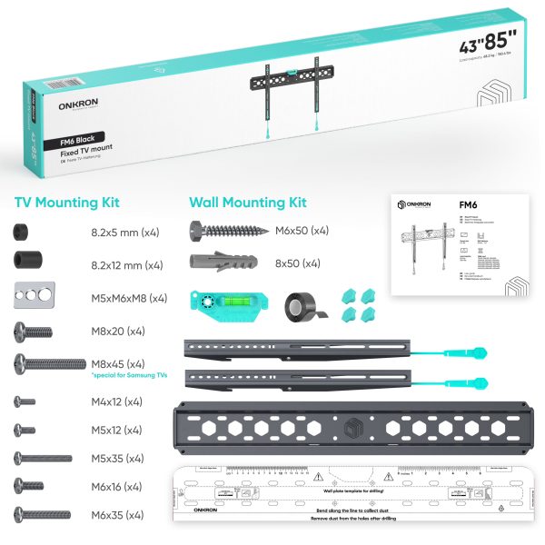 Fixed TV bracket for 43"-85" max 150 lbs, black FM6 - Image 3
