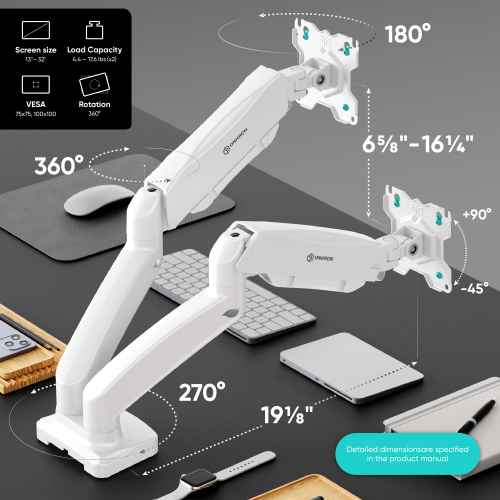 Desk Mount 2 x 13"-32" max load 18 lbs, Tilt-Swivel, with Rotation, White G160 - Image 2