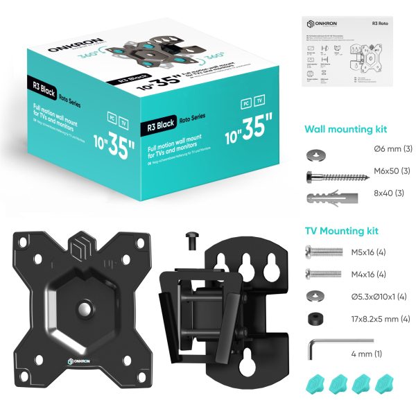 Tilting and swiveling bracket for TV or monitor 10"-35" with rotation max 44 lbs, black R3 - Image 3