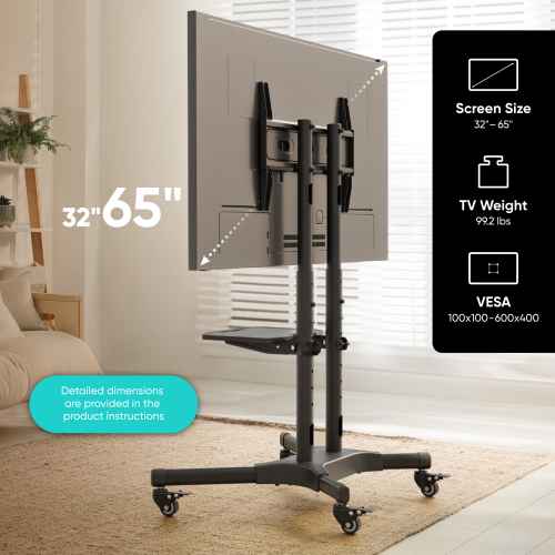 Mobile TV stand for TVs 32"-65", max 110 lbs, black TS1351 - Image 2