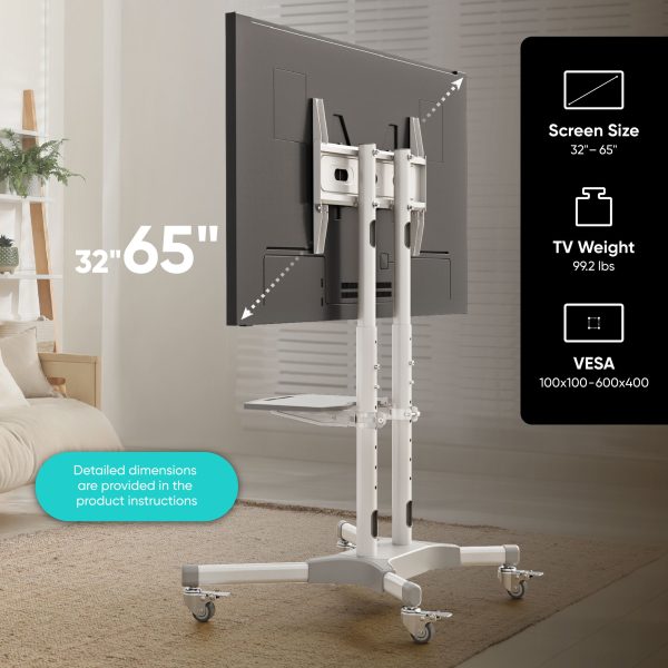 Mobile TV stand for TVs 32"-65", max 110 lbs, white TS1351 - Image 2