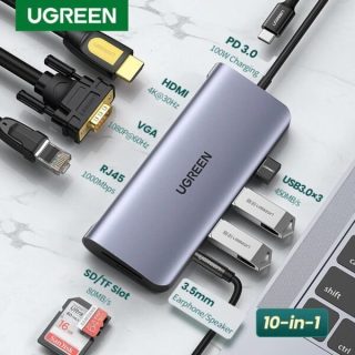 Ugreen USB-C Multifunction 10 in 1 USB HUB, USB-C To USB 3.0 (3 Ports) + HDMI + VGA + Gigabit Ethernet + SD & TF Card Reader + 3.5mm Audio Port + USB-C PD”
