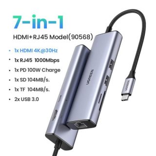 UGREEN USB-C Multifunction Adapter 7 in 1 HUB, CM512 USB-C to USB 3.0 (2 Ports) + HDMI + Gigabit Ethernet + SD & TF Card Reader + USB-C PD” HUB