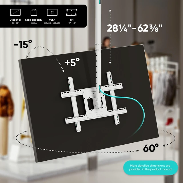 ONKRON Ceiling TV Mount for 32-80 Inch Screen up to 150 lbs, Height Adjustable Hanging TV Mount with Swivel and Tilt, VESA 100x100-600x400, Full Motion Ceiling Mount TV Bracket Drop Down, White %count(title) +254720548999 ONKRON Ceiling TV Mount for 32-80 Inch
Screen up to 150 lbs, Height Adjustable Hanging TV Mount with Swivel and
Tilt, VESA 100x100-600x400, Full Motion Ceiling Mount TV Bracket Drop Down,
White - Image 2