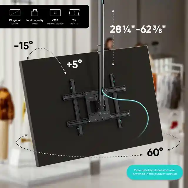 ONKRON Ceiling TV Mount for 32-80 Inch Screen up to 150 lbs, Height Adjustable Hanging TV Mount with Swivel and Tilt, VESA 100x100-600x400, Full Motion Ceiling Mount TV Bracket Drop Down, Black %count(title) +254720548999 ONKRON Ceiling TV Mount for 32-80 Inch
Screen up to 150 lbs, Height Adjustable Hanging TV Mount with Swivel and
Tilt, VESA 100x100-600x400, Full Motion Ceiling Mount TV Bracket Drop Down,
Black - Image 2